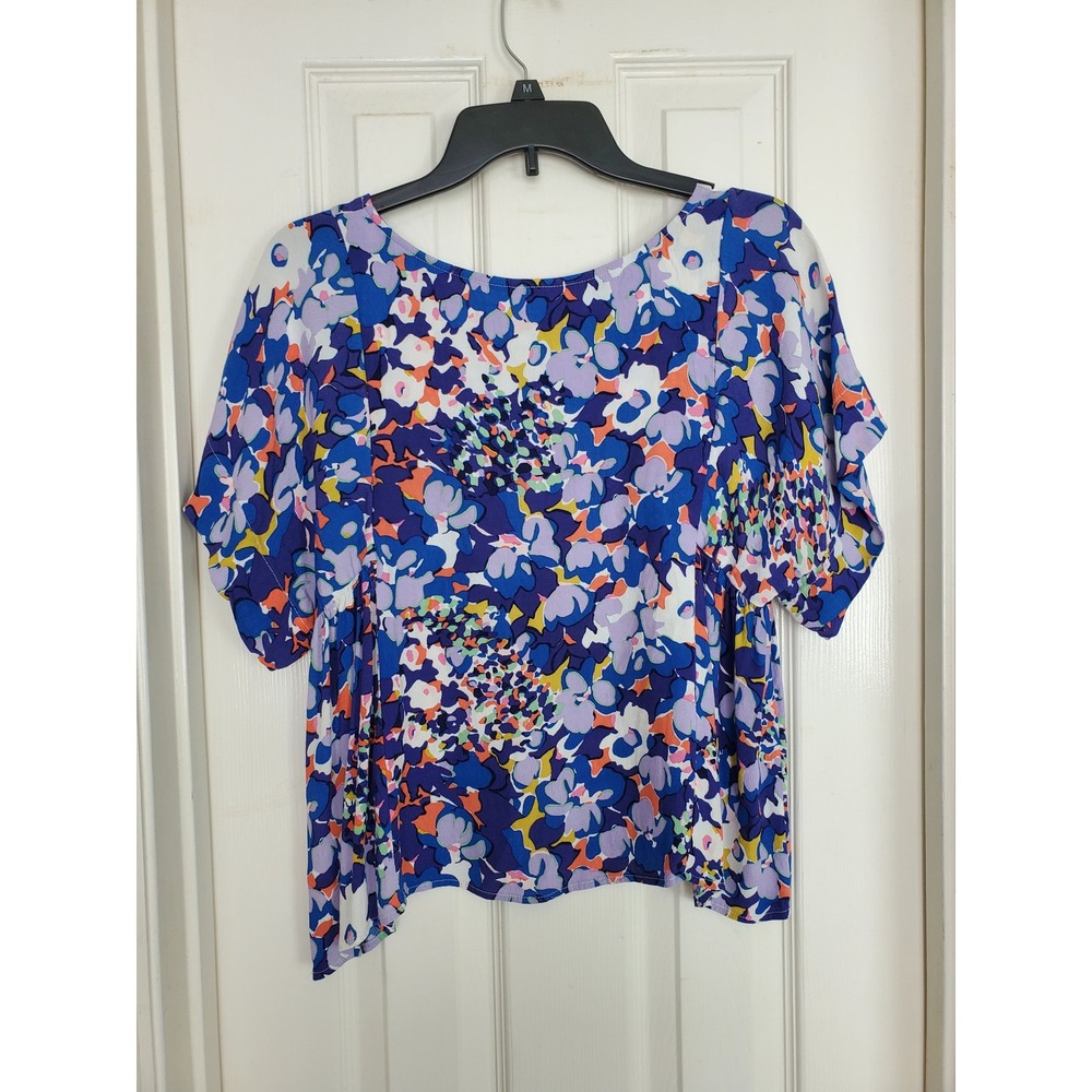 Maeve Anthropologie Whimsical Milla Blouse Blue Purple Floral Short Sleeve Top S